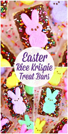 easter rice krispie treat bars with chocolate frosting and sprinkles on them