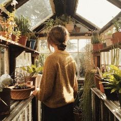 a woman standing in a greenhouse looking at potted plants and other houseplants