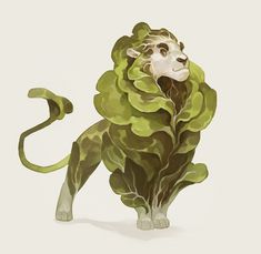 an animal made out of lettuce with its mouth open and the tail curled up