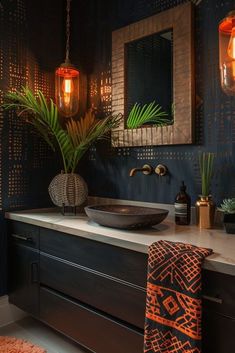 a bathroom with a sink, mirror and plants