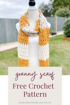 an orange and white crochet scarf with text overlay that reads granny seat free crochet pattern