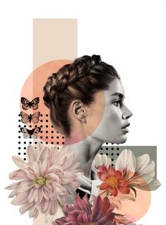 a woman with flowers and butterflies in her hair