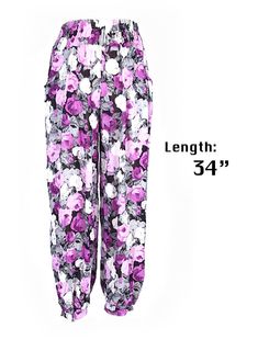 Trendy Straight Pants With Floral Print, Trendy Floral Print Pants, Trendy Floral Print Straight Pants, Casual Tapered Leg Pants With Floral Print, Trendy Fitted Harem Pants For Summer, Casual Floral Print Tapered Leg Pants, Trendy Stretch Harem Pants For Spring, Spring Stretch Harem Pants With Tapered Leg, Purple Tapered Leg Bottoms For Spring