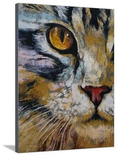 a painting of a cat's face with yellow eyes