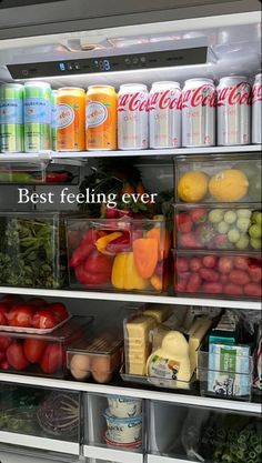 a refrigerator filled with lots of different types of drinks and food in bins next to each other