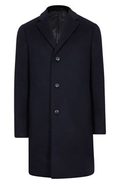 A soft and warm wool blend elevates a handsome overcoat with versatile appeal. 37" length (size Medium) Notched lapels 60% wool, 22% viscose, 18% nylon Dry clean Imported Luxury Notch Lapel Single Button Outerwear, Luxury Single Button Outerwear With Notch Lapel, Classic Long Wool Coat For Business, Tailored Wool Coat With Concealed Placket For Semi-formal Occasions, Classic Single Button Wool Coat For Business, Timeless Business Wool Coat For Winter, Long Business Pea Coat With Hidden Button Closure, Business Long Coat With Hidden Button Closure, Modern Wool Coat For Winter