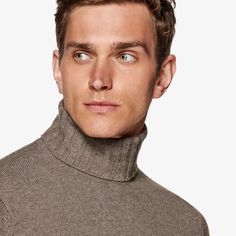 This soft taupe knitted sweater is
 tailored slim with a ribbed hem and cuffs, and heavy turtleneck collar. Grooming For Men, Green Turtleneck, Grey Turtleneck, White Turtleneck, Wool Flannel, Ribbed Turtleneck, Knitted Sweater, Mix Match, Black Tie