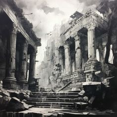 an old black and white photo of some ruins