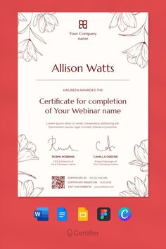 a certificate with flowers on it and the words'certificate for completion of your webinar