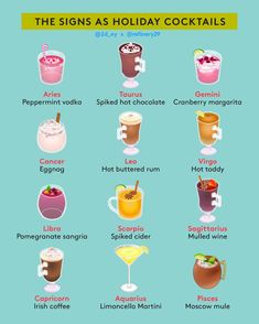 the signs as holiday cocktails are shown in this graphic style, which includes different types of drinks