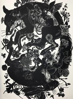 a black and white drawing of animals surrounded by flowers