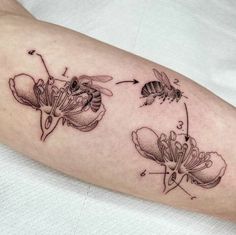 a tattoo on the arm of a woman with two bees and flowers in front of her