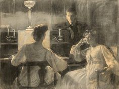 a drawing of two people sitting at a table in front of a candle and mirror