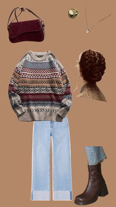 a sweater, jeans and boots are arranged on a brown background