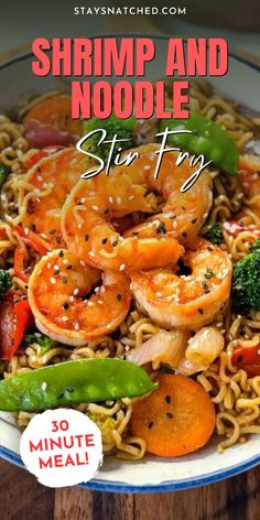 shrimp and noodle stir fry in a white bowl