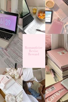 a collage of photos with laptops, books and other items on the table