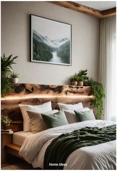 a bed with white sheets and pillows in a bedroom next to a painting on the wall