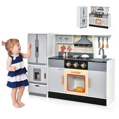 Our kitchen toy sets are made from safe MDF materials. 12 sweet accessories ensure hours of fun. Includes 1 range hood, 1 refrigerator with ice maker, 1 faucet, 1 sink, 1 stove, 2 stoves with "click" knobs for kids to enjoy cooking games. In addition, the realistic light and sound effects of the range hood and stove will bring unforgettable childhood memories to your loved one. Specification Color: Grey Material: MDF, Plywood Product Size: 44" x 12.5" x 32" (W x D x H) Suitable Age: 3 + Net Weig Wooden Kitchen Set, Toy Kitchen Accessories, Toddler Kitchen, Pretend Kitchen, Toy Kitchen Set, Refrigerator Accessories, Wooden Play Kitchen, Play Kitchens, Kids Play Kitchen