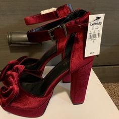 I Don’t Have The Box For This Shoes, However It Is Brand New, Very Sexy, Wine Color, Velvet, With A Bow Detail Quinceanera Shoes Burgundy, Red Thick Heels, Quince Heels Red, Red Dress With Red Heels, Descendants Inspired Outfits Red, Vampire Heels, Gothic Wedding Shoes, Black And Red Heels, Dark Red Heels