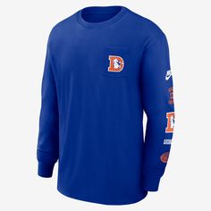 Made with soft, structured cotton and a roomy fit for easy movement, this Rewind Max90 Pocket T-Shirt helps you comfortably support the Denver Broncos in a relaxed and casual look. Collegiate Long Sleeve T-shirt With Relaxed Fit, Nike Collegiate Long Sleeve T-shirt, Fan Apparel Long Sleeve Relaxed Fit T-shirt, Nike Long Sleeve Cotton T-shirt, Relaxed Fit Long Sleeve Fan Apparel T-shirt, Nike Crew Neck Tops For College, Collegiate Long Sleeve Relaxed Fit T-shirt, Nike Crew Top With Letter Print, Nike Crew Neck Graphic Print Tops