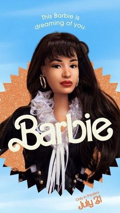 the barbie doll has long hair and is wearing a black jacket with white ruffles