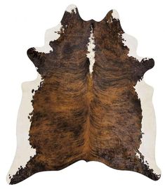 a brown and white cowhide rug on a white background, with the top part of an animal's skin visible