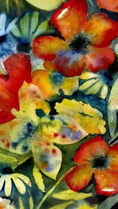 watercolor painting of red, yellow and blue flowers