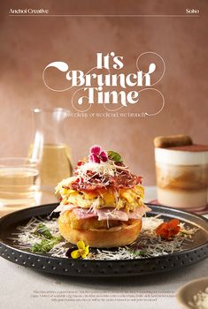 the cover of its brunch time magazine is shown on a plate with bread and vegetables