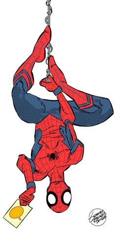 a drawing of a spider man hanging upside down