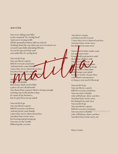 the word matilda written in red ink on a beige background with an open book page