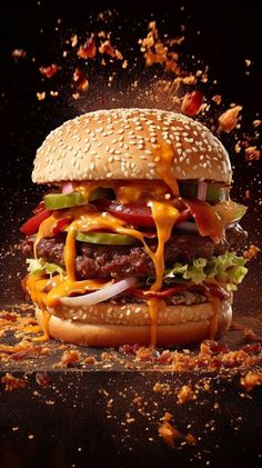 a cheeseburger with lettuce, tomato and onions falling into the air