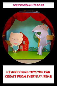 an image of two cartoon animals in front of a red curtain with the words 10 surprising toys you can create from everyday items