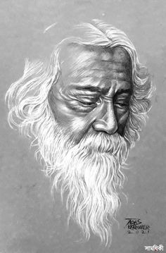 a drawing of an old man with long white hair and beard, looking to the side