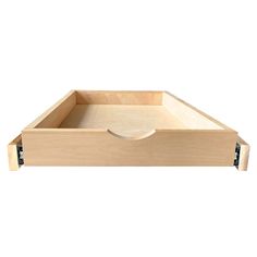 a wooden tray with two handles on it and an empty drawer in the bottom right corner