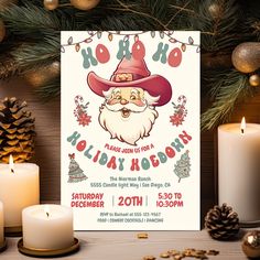 a christmas party flyer with a santa clause on it, surrounded by pine cones and candles