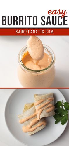 two different views of burrito sauce in a jar and on a plate with breadsticks