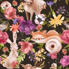 an animal themed wallpaper with flowers and animals on it's black background,