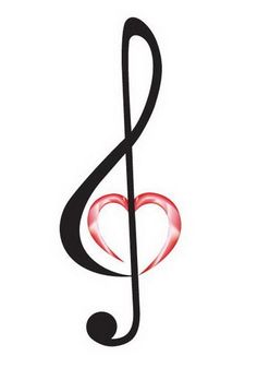 a musical note with a heart shaped treble on it's end, in black and red