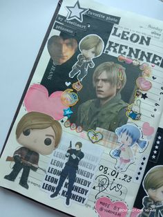 an open book with pictures of people and characters on it's cover, along with the words leon kreme