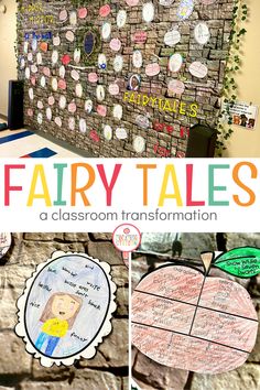 a collage of fairy tales and classroom information on a bulletin board with the words fairy tales