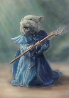 a painting of a mouse dressed in blue holding a stick