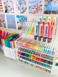 the display case is filled with markers and pens