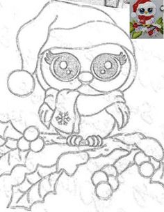 a drawing of an owl wearing a santa hat