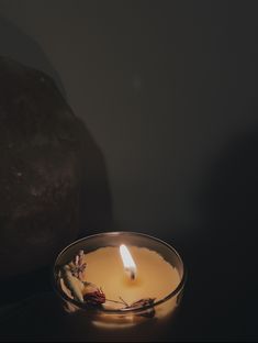 a lit candle sitting on top of a table