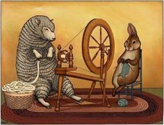 two rabbits are sitting at a spinning wheel and one rabbit is looking at the yarn