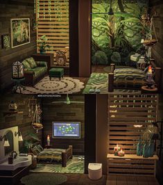 the interior of a living room is decorated in green and brown tones with bamboo blinds