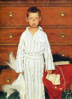 a painting of a young boy in pajamas holding a red bag next to a dresser