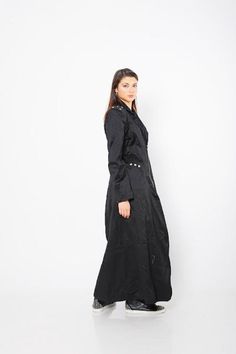 "Black Maxi Coat, Women Warm Coat, Steampunk Trench Coat ♛ All of Rosche's pieces are created with the sole purpose that YOU feel beautiful! Enjoy unique details in combination with high-quality materials every day and make a statement every place you go! ♛ Extravagant and casual at the same time. Comfortable and stylish. The floor length makes it look different and unique. Avant garde piece. Wear it both: with your sneakers or high heels. Long zipper closure. ♛ Perfect for every occasion! ♛ Cus Buttoned Outerwear For Halloween Costume Party, Steampunk Long Sleeve Outerwear For Larp, Gothic Outerwear For Larp In Fall, Fall Gothic Outerwear For Larp, Alternative Style Long Sleeve Outerwear For Cosplay, Black Punk Outerwear For Halloween, Steampunk Outerwear For Halloween Cosplay, Alternative Long Sleeve Outerwear, Gothic Long Coat For Streetwear