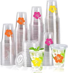 a bunch of plastic cups with flowers on them