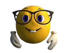 an emoticive smiley face wearing glasses and pointing to the side with both hands